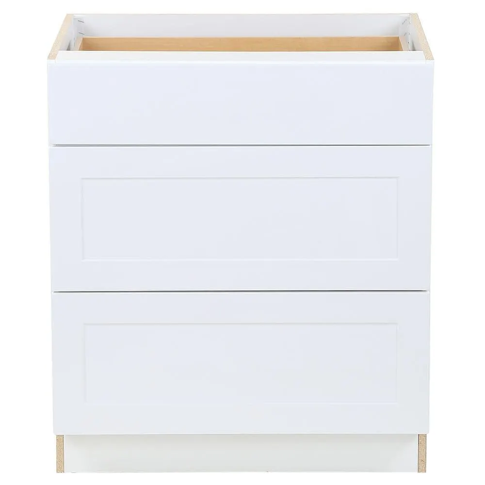 Edson 30-inch W x 34.5-inch H x 24.5-inch D Shaker Style Assembled Kitchen Base Cabinet/Cupboard in Solid White with 3 Soft Close Drawers (BD303V)