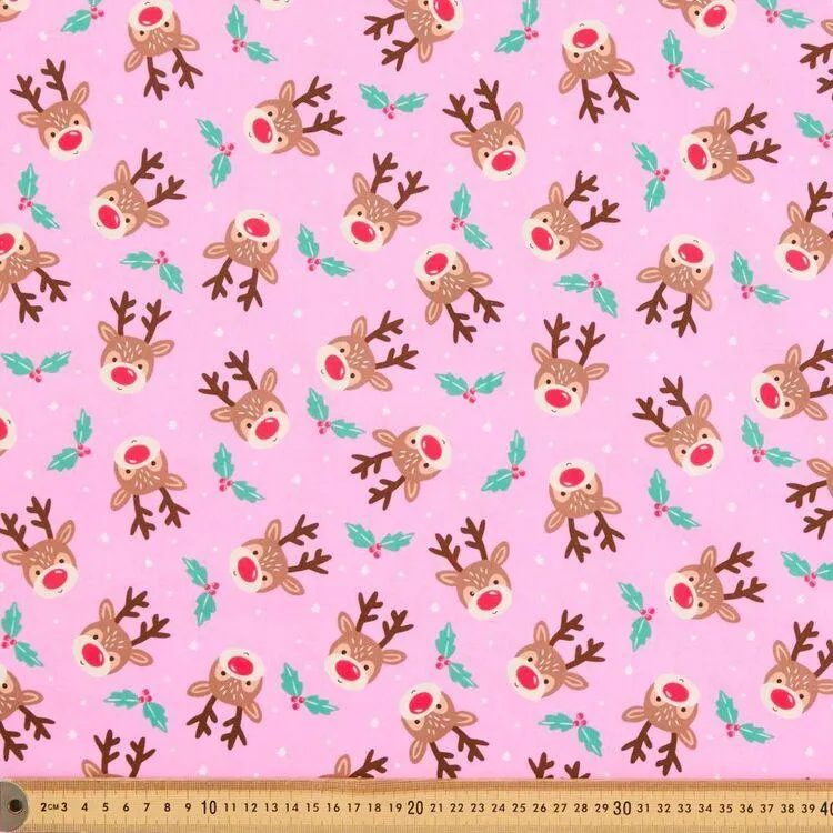 Christmas Jolly Reindeer 112cm Quilting Fabric Pink 112 cm