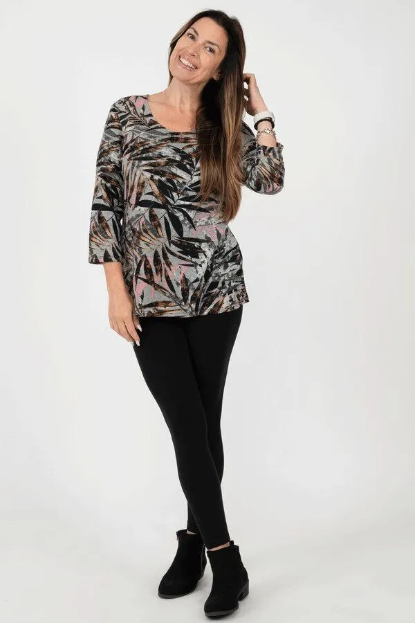 Scoop neck printed knit top with 3/4 sleeves - Palm print