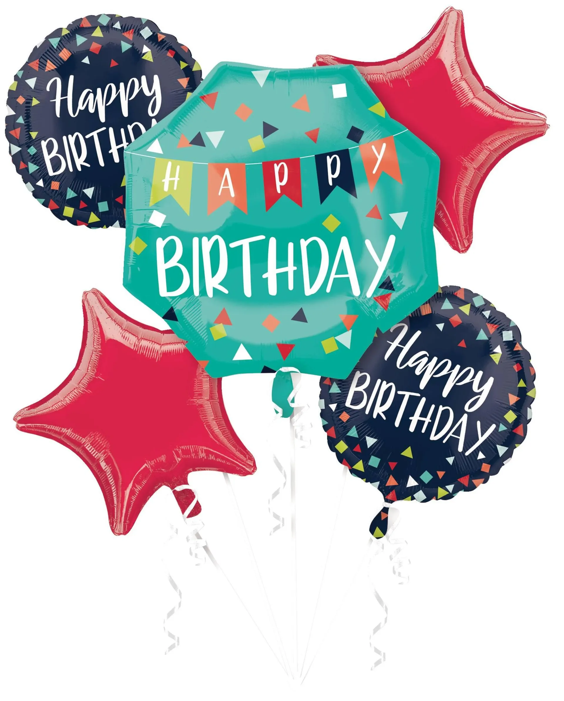 A Reason to Celebrate "Happy Birthday" Star/Round Satin Foil Balloon Bouquet, Blue/Red, 5-pk, Helium Inflation & Ribbon Included for Birthday Party