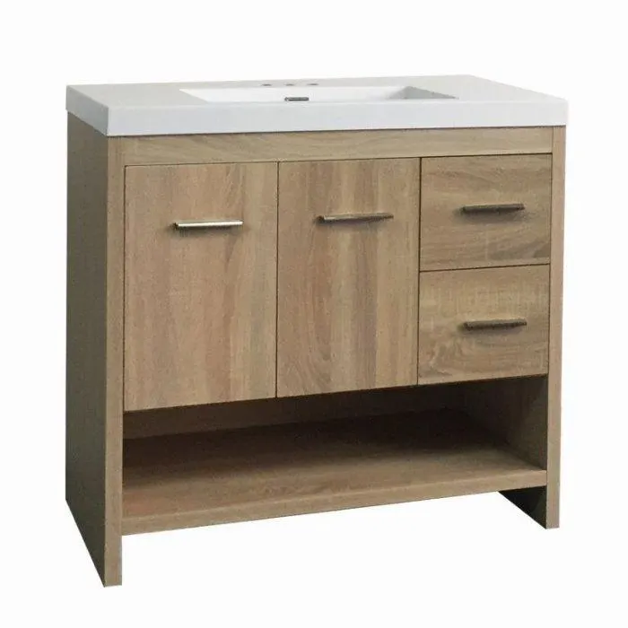 Dolphin Ronda 36" Vanity, White Poly Marble Basin - Light Wooden