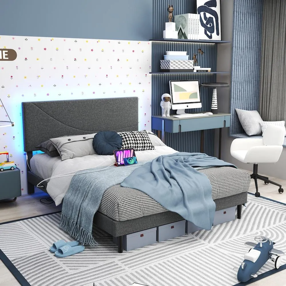 Homy Casa FOOTHILL Queen Platform Bed with Upholstered LED Headboard, USB Charging Ports, and Gray Geometric Design