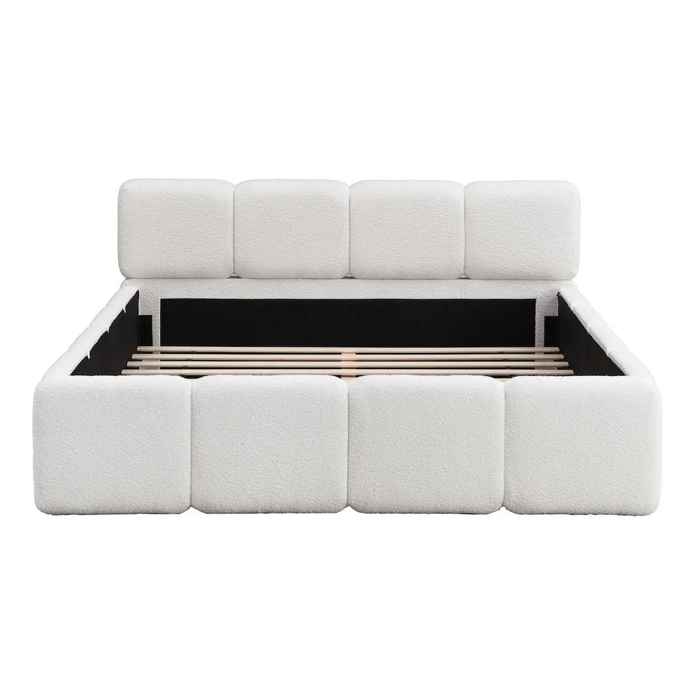 Cassius White Boucle Upholstered Wood Frame King Size Platform Bed with Headboard