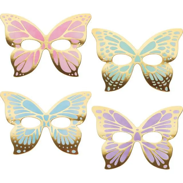 Flutter Butterfly Shimmer Paper Masks, Gold/Pink/Blue, One Size, 8-pk, Wearable Costume Accessories for Birthdays