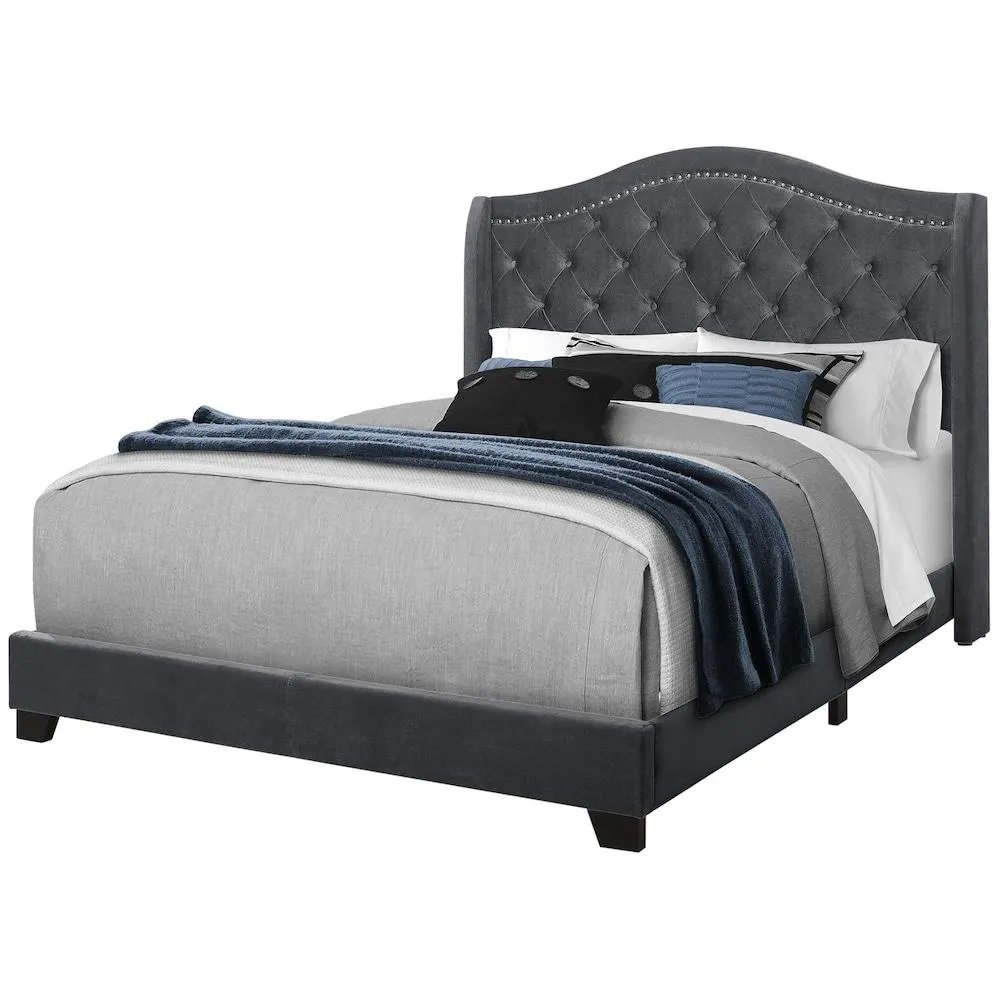 Bed, Queen Size, Platform, Bedroom, Frame, Upholstered, Velvet, Wood Legs, Grey, Chrome, Traditional