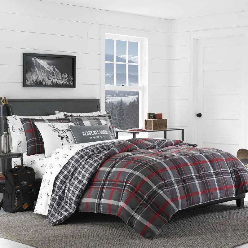 Eddie Bauer Willow Plaid Down Alt Grey Reversible Comforter Set