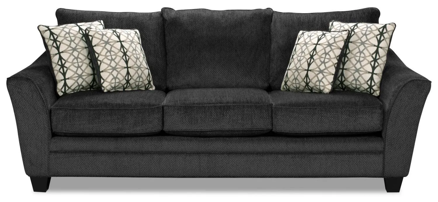 Canadian Made Febe 100" Charcoal Grey Chenille Fabric Sofa with Flared Arms and Four Accent Pillows