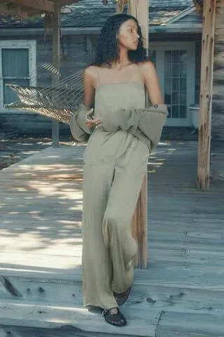 Crinkled Wide Leg Satin Pants