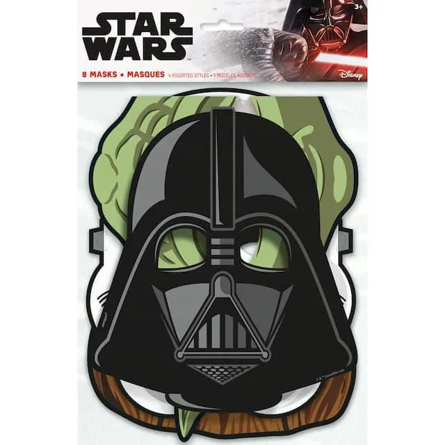 Disney Star Wars Darth Vader/Yoda/Stormtrooper/C-3PO Paper Masks, Multi-Coloured, One Size, 8-pk, Wearable Costume Accessories for Birthdays/Halloween