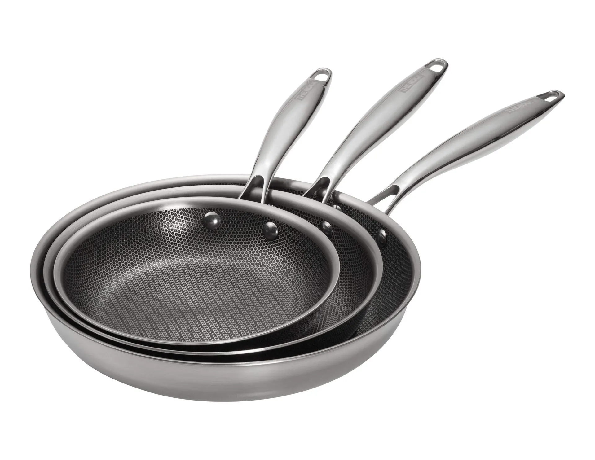 The Rock Clad Non-Stick Frying Pan Set, Hybrid Stainless Steel & Ceramic, PFAS-Free, Induction Compatible, Silver, 20cm, 24cm, 28cm, 3-pk