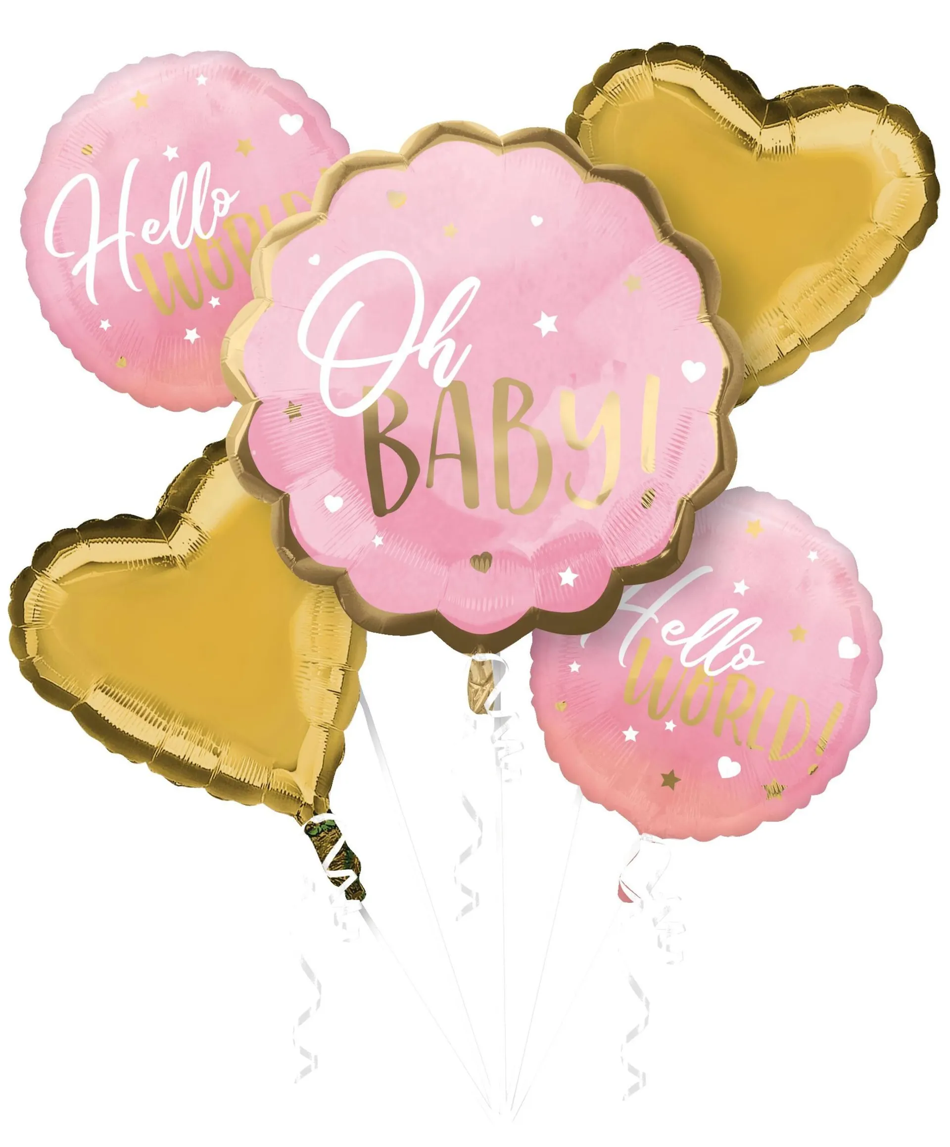 "Oh Baby" Heart/Round Satin Foil Balloon Bouquet, Pink/Gold, 5-pk, Helium Inflation & Ribbon Included for Baby Shower