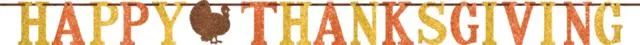 "Happy Thanksgiving" Turkey Glitter Letter Banner, Multi-Coloured, 12-in, Indoor Decoration for Thanksgiving