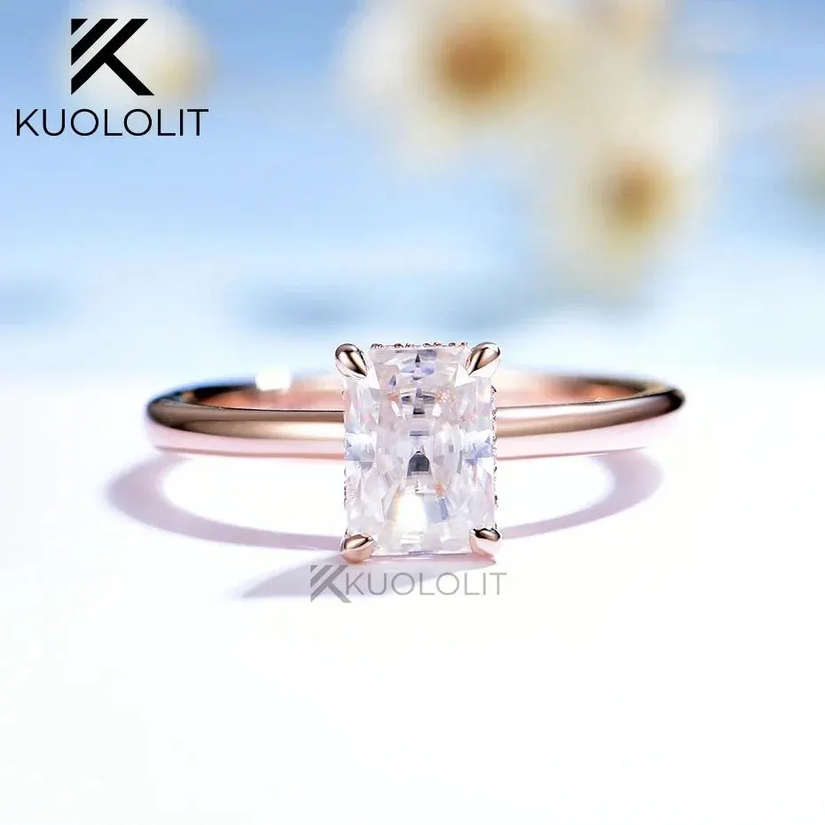 Kuololit Radiant Moissanite Ring for Women Soild 18K 14K Rose Gold Hide Halo Wedding Jewelry for Engagement Christmas Gifts