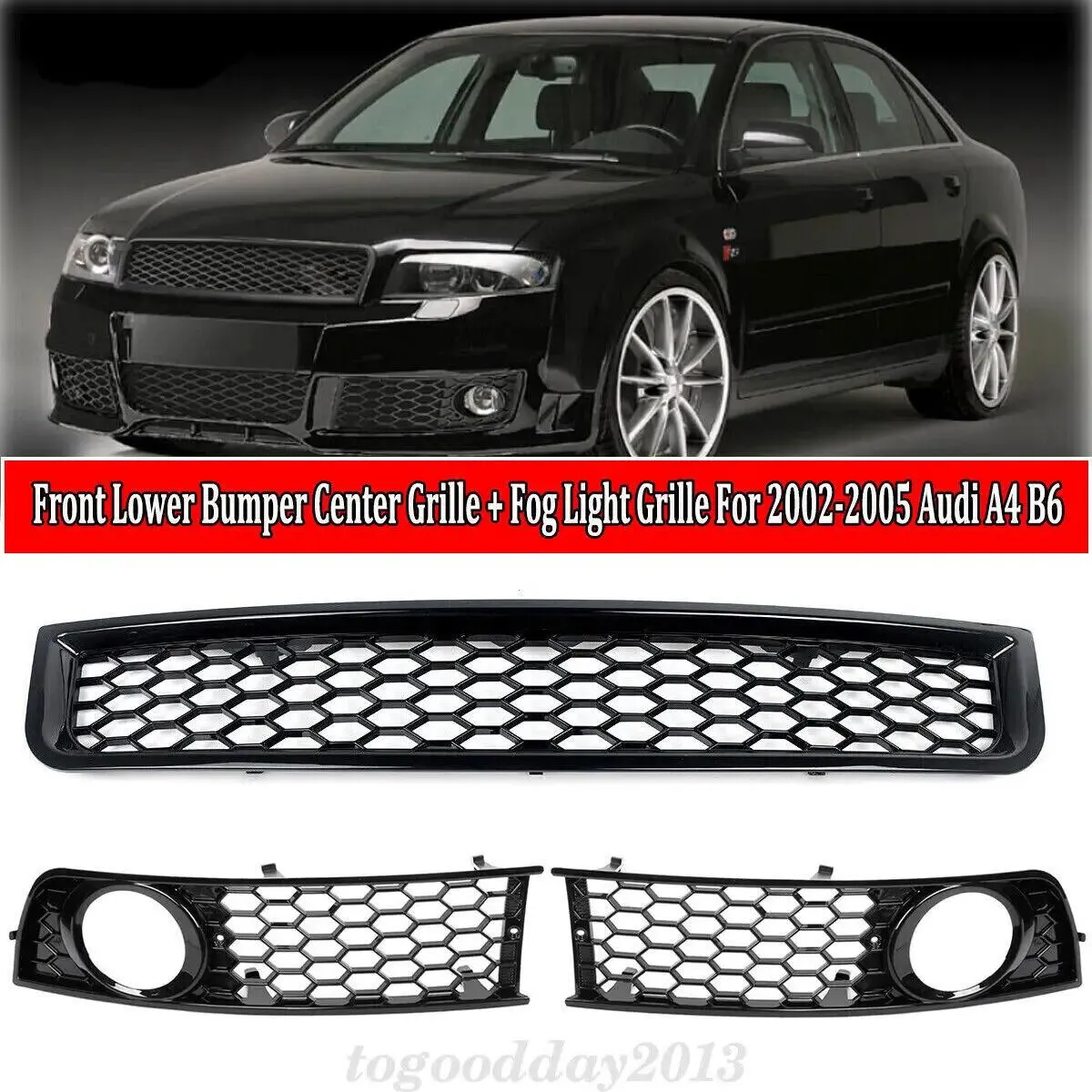 3x Front Honeycomb Radiator Grille, Fog Lights Grille for Audi A4 B6 2002-2005