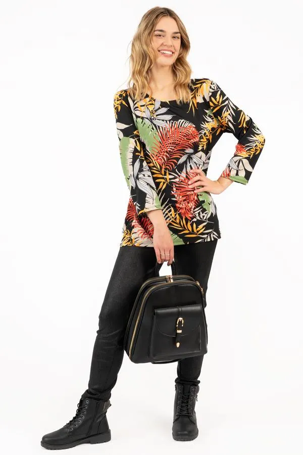 Wide neck printed top with 3/4 sleeves - Tropical leaves