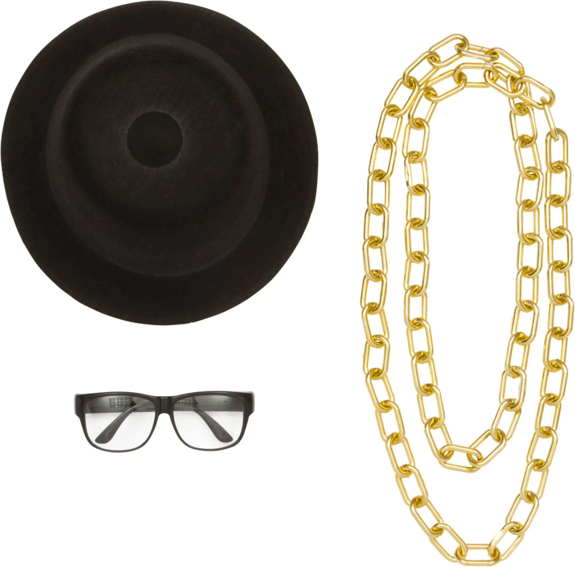 1980s Old School Rapper Kit with Necklace, Glasses & Hat, Black/Gold, One Size, 3-pk, Wearable Costume Accessories for Halloween