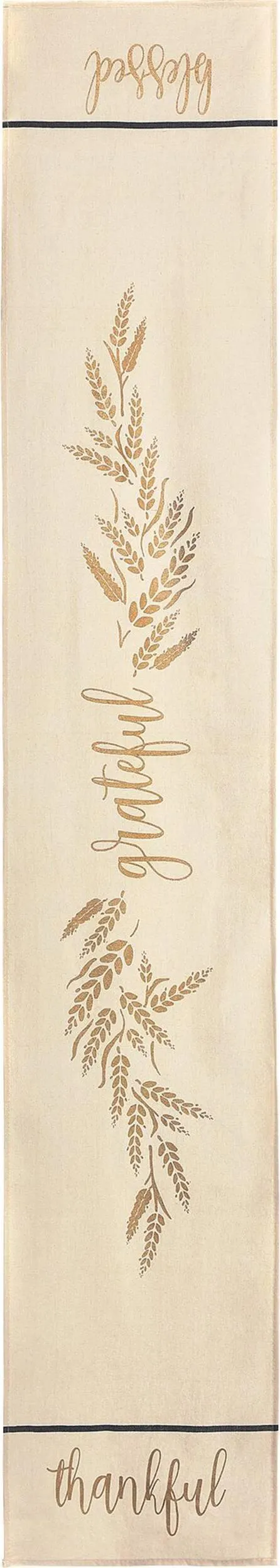 "Grateful Blesses Thankful" Fabric Reusable Table Runner Decoration, Beige, 13-in x 72-in, for Thanksgiving