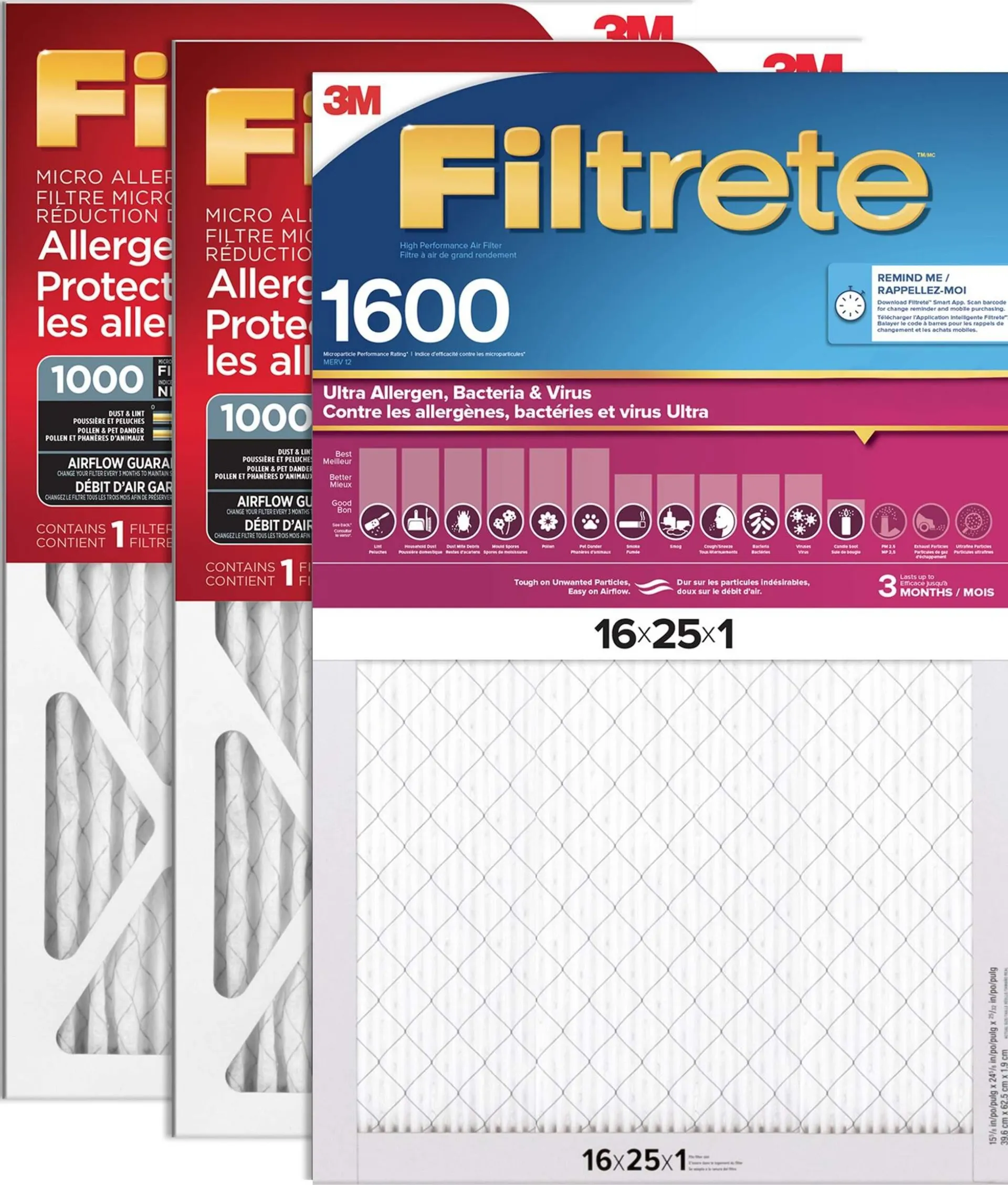 3M™ Filtrete™ Combo Pack, Micro Allergen Filter MPR 1000 & Ultra Allergen Filter MPR 1500, 16 x 25 x 1-in, 3-pk