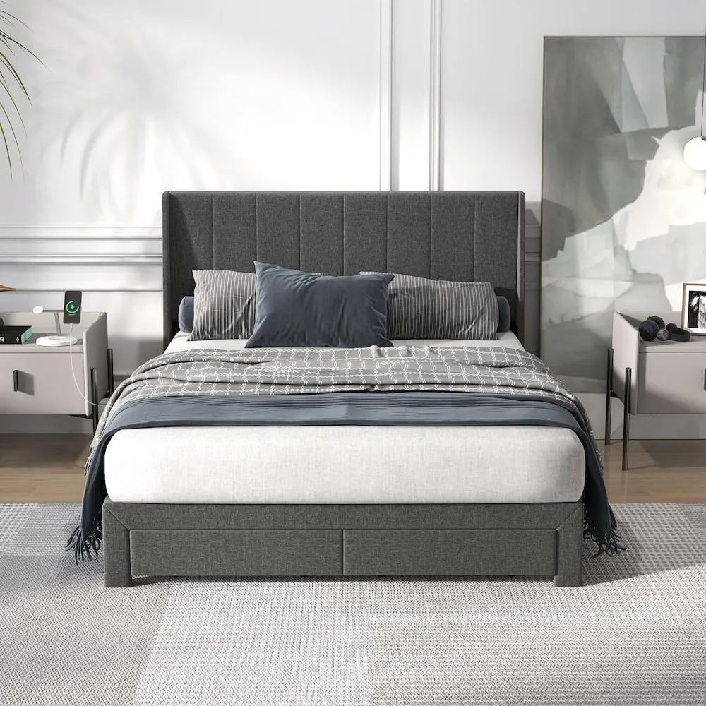 SUMMIT Queen Gray Platform Bed with Wingback LED Headboard, Charging Ports, Storage Drawer