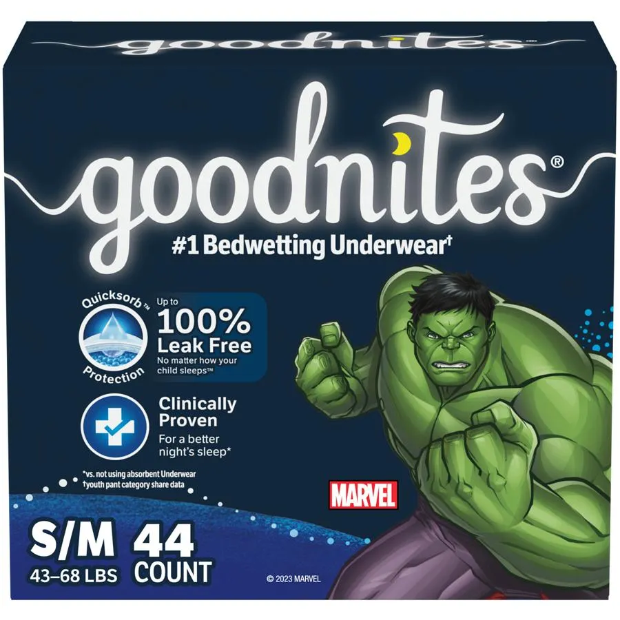 Boys' Nighttime Bedwetting Underwear, Size S/M (43-68 lbs), 44 Ct