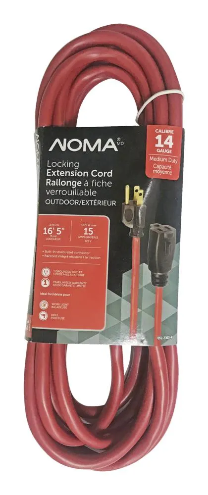 NOMA 16-ft 5-in 14/3 Outdoor Extension Cord with Grounded Outlet and Locking Connector, Red