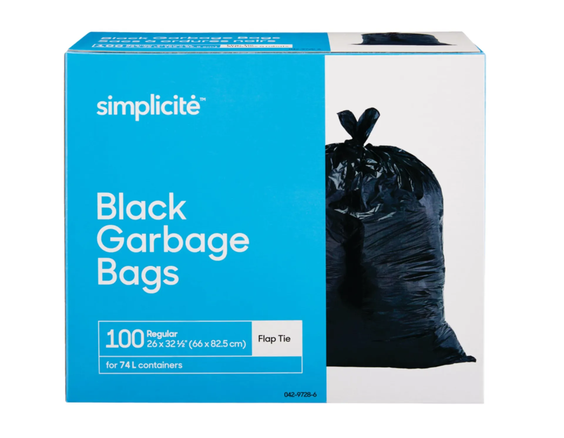 simplicité Regular 4-Flap Ties Outdoor Garbage Bags, 100-pk, Black, 74-L