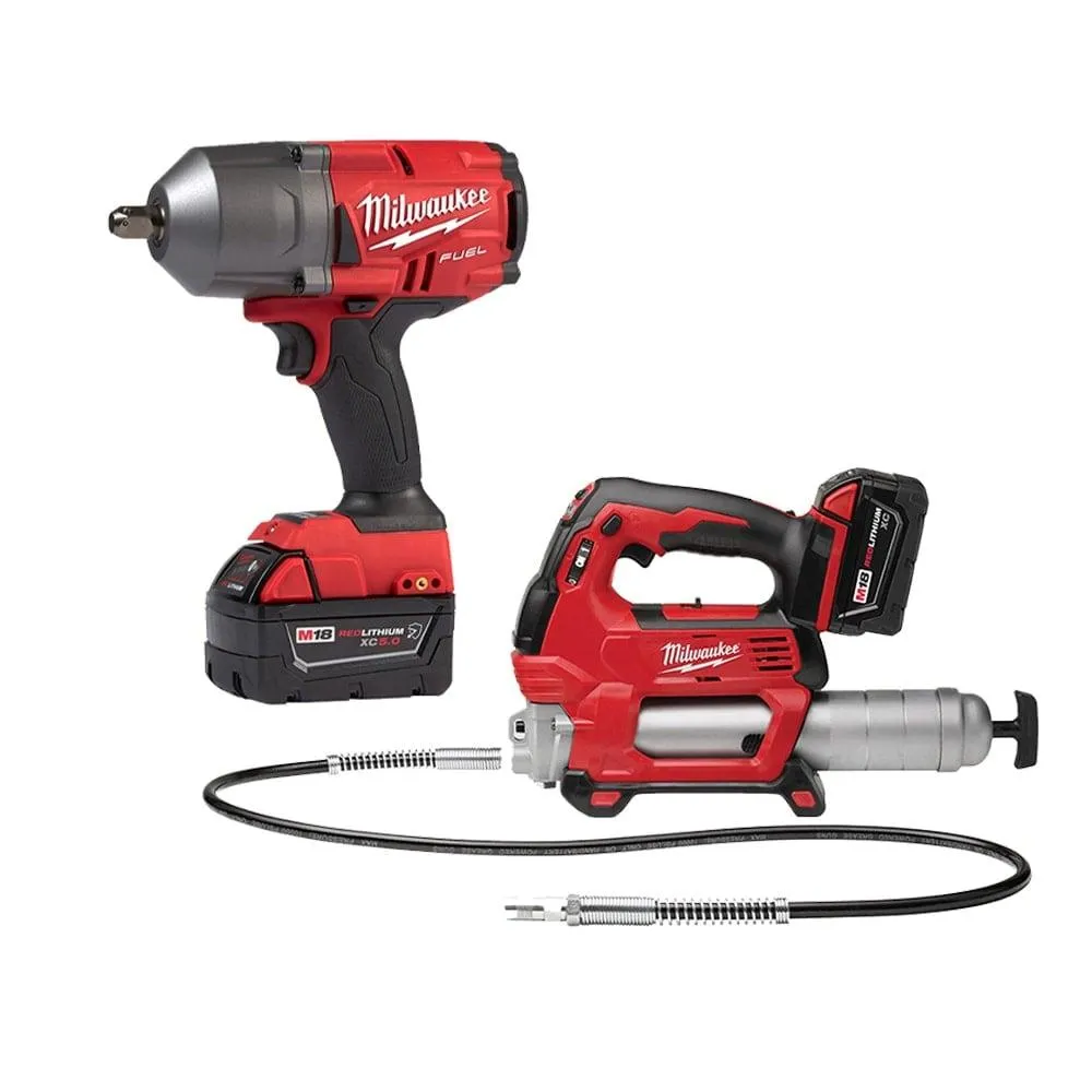 M18 FUEL 18V Li-Ion Cordless 1/2 in High-Torque Impact Wrench w/ Grease Gun Kit, Resistant Batteries
