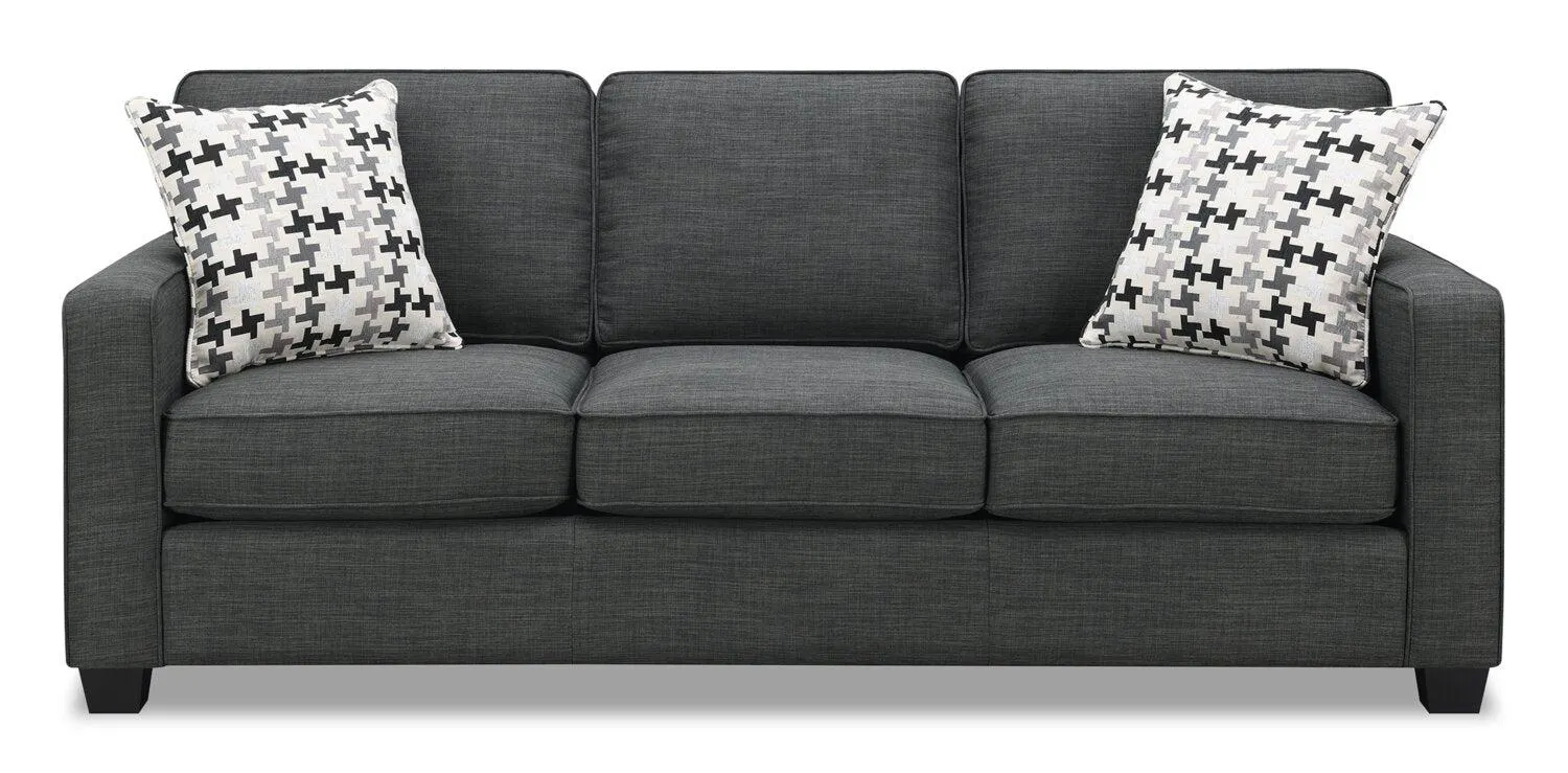 Canadian Made Sawyer 83" Charcoal Grey Linen-Look Fabric Sofa with Two Accent Pillows
