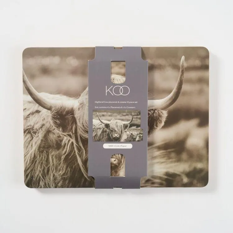 KOO Highland Cow Placemat & Coaster Set 8 Piece Multicoloured