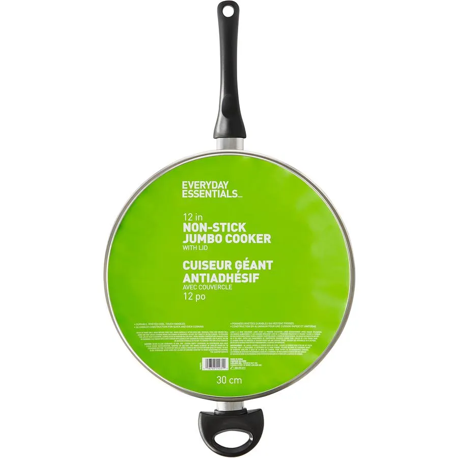Everyday Essentials Non-Stick Jumbo Cooker with Lid, Cool Touch Handles, Aluminum Construction, Black, 12 in
