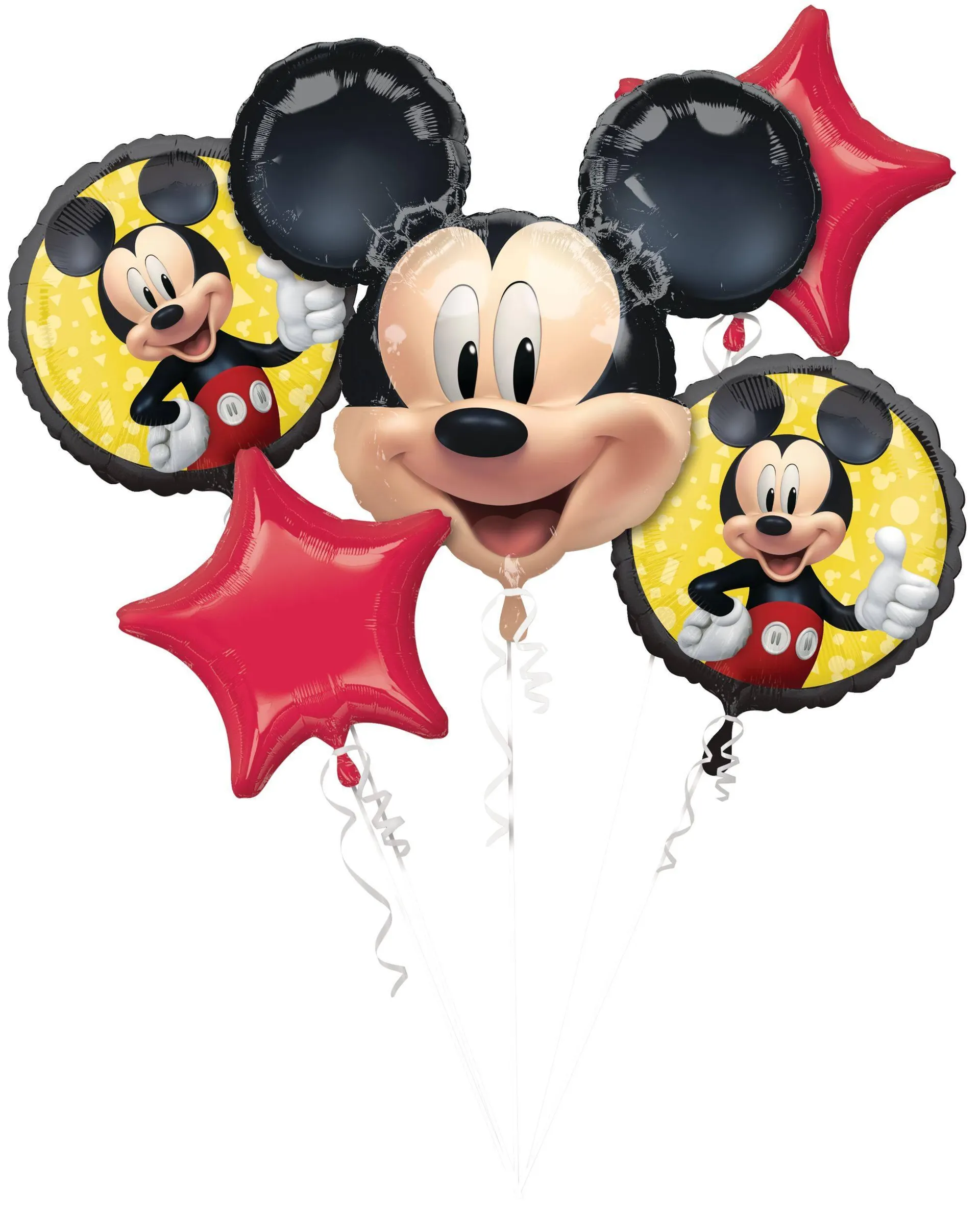 Disney Mickey Mouse Star/Round Satin Foil Balloon Bouquet, Red/Yellow, 5-pk, Helium Inflation & Ribbon Included for Birthday Party