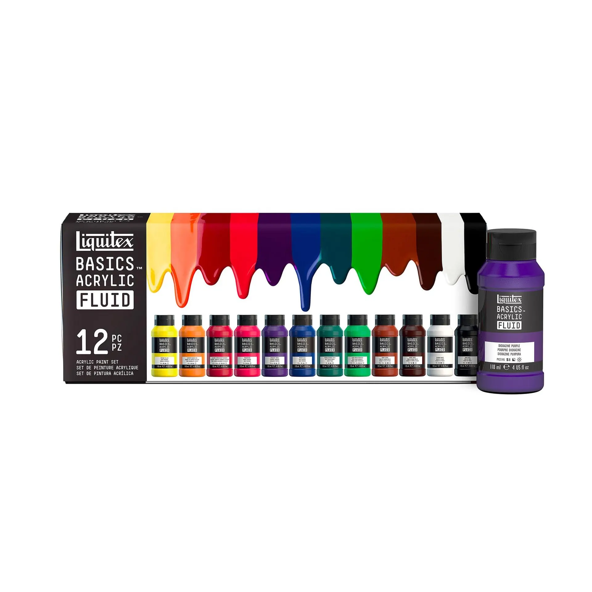 Basics Fluid Acrylic Kit - Low Viscosity, Assorted Colours, 12 Pieces