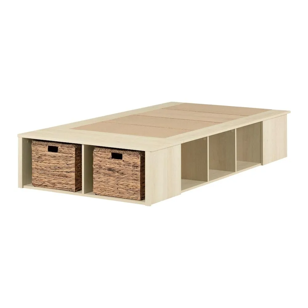 Avilla Twin Storage Platform Bed with Wicker Baskets in Bleached Oak, 41 in. x 76.75 in. x 13.5 in.