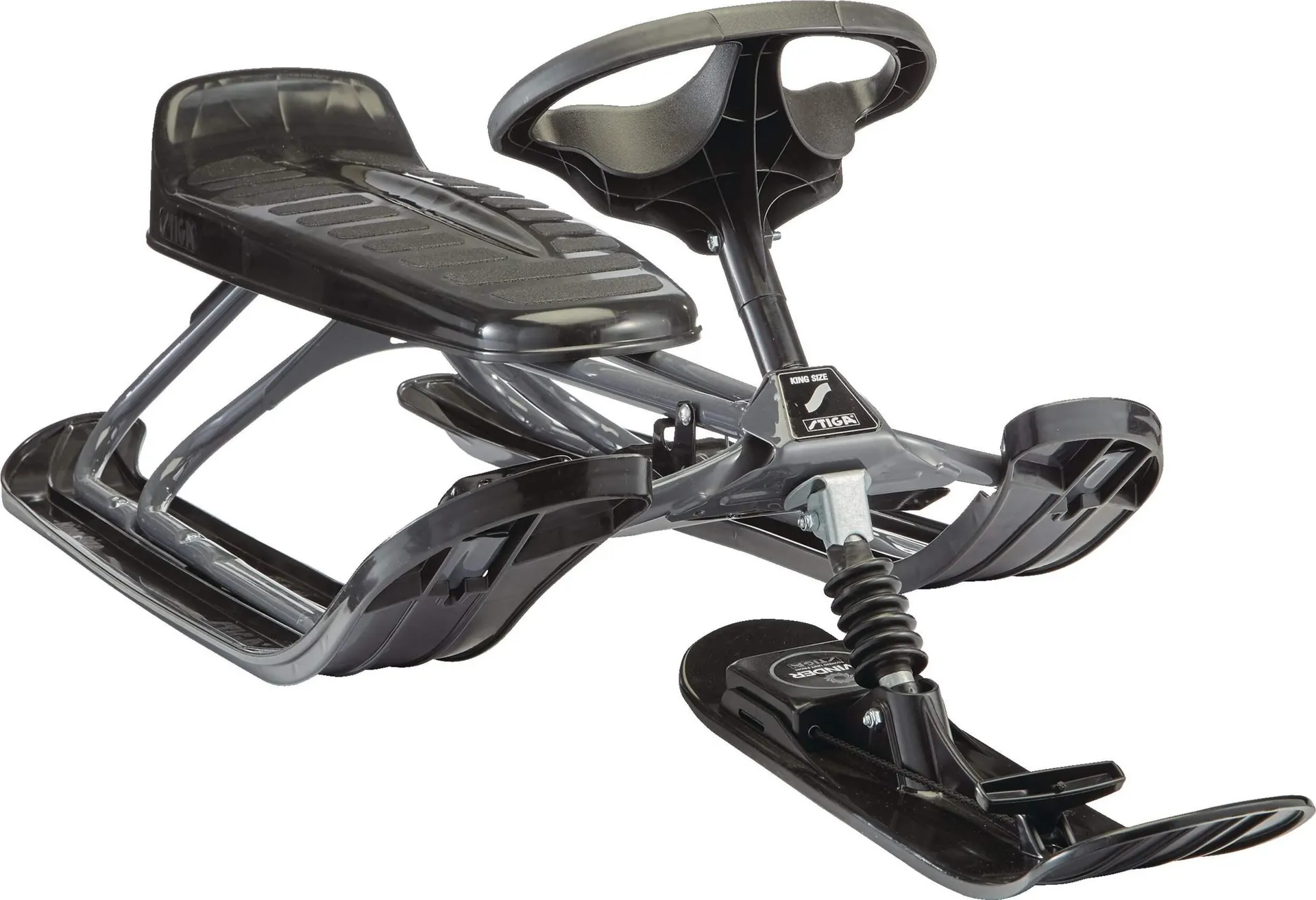 Stiga GT King Size Kids' 2-Person Winter Snow Racer Sled w/ Steering Wheel & Brakes, Grey