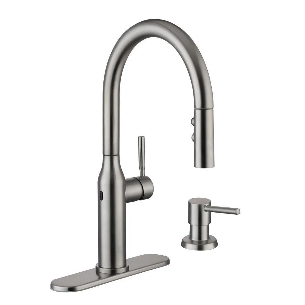 Upson Single-Handle Touchless Pull-Down Sprayer Kitchen Faucet with Soap Dispenser in Stainless Steel