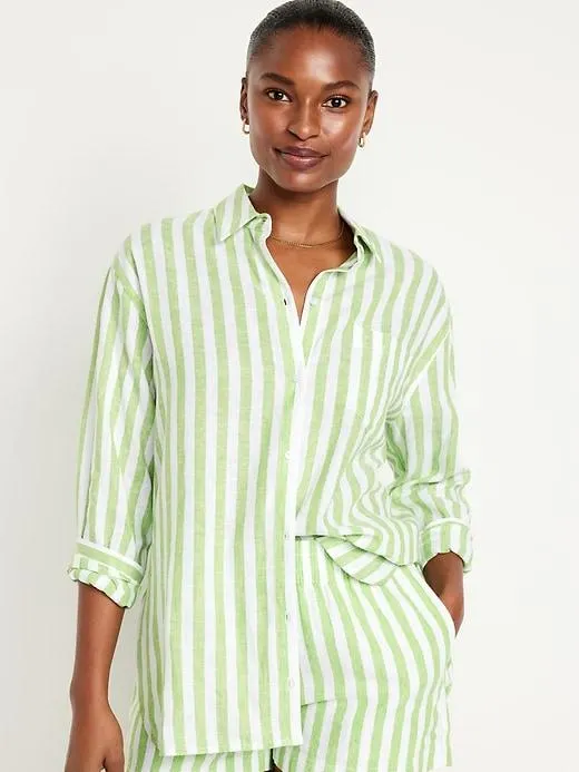 Linen-Blend Button-Down Boyfriend Shirt