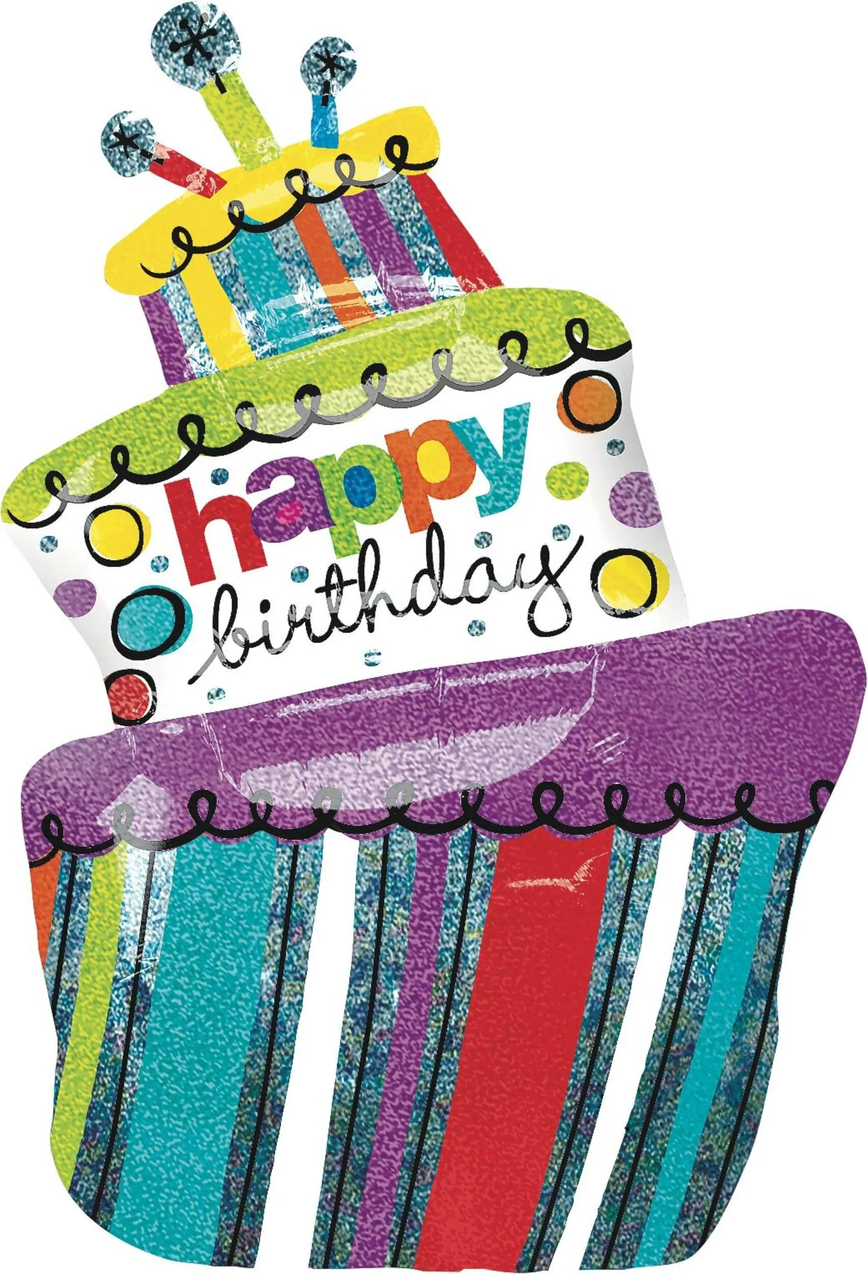 "Happy Birthday" Birthday Cake Satin Foil Balloon, Multi-Coloured, Striped, 37-in, Helium Inflation & Ribbon Included for Birthday Party