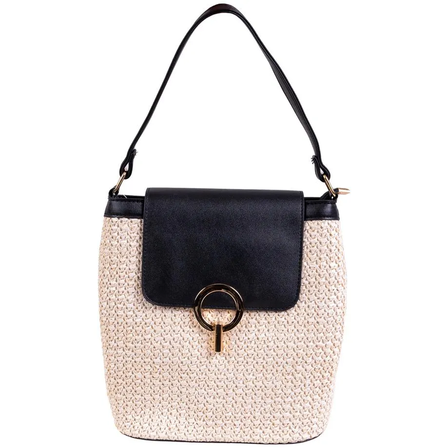 Woven raffia bucket bag with crossbody strap - Ivory
