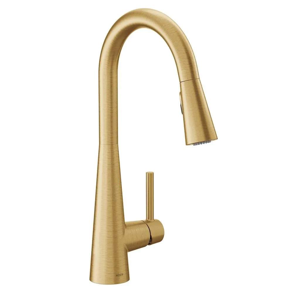 Sleek One-Handle High Arc Pulldown Kitchen Faucet with Power Boost in Brushed Gold