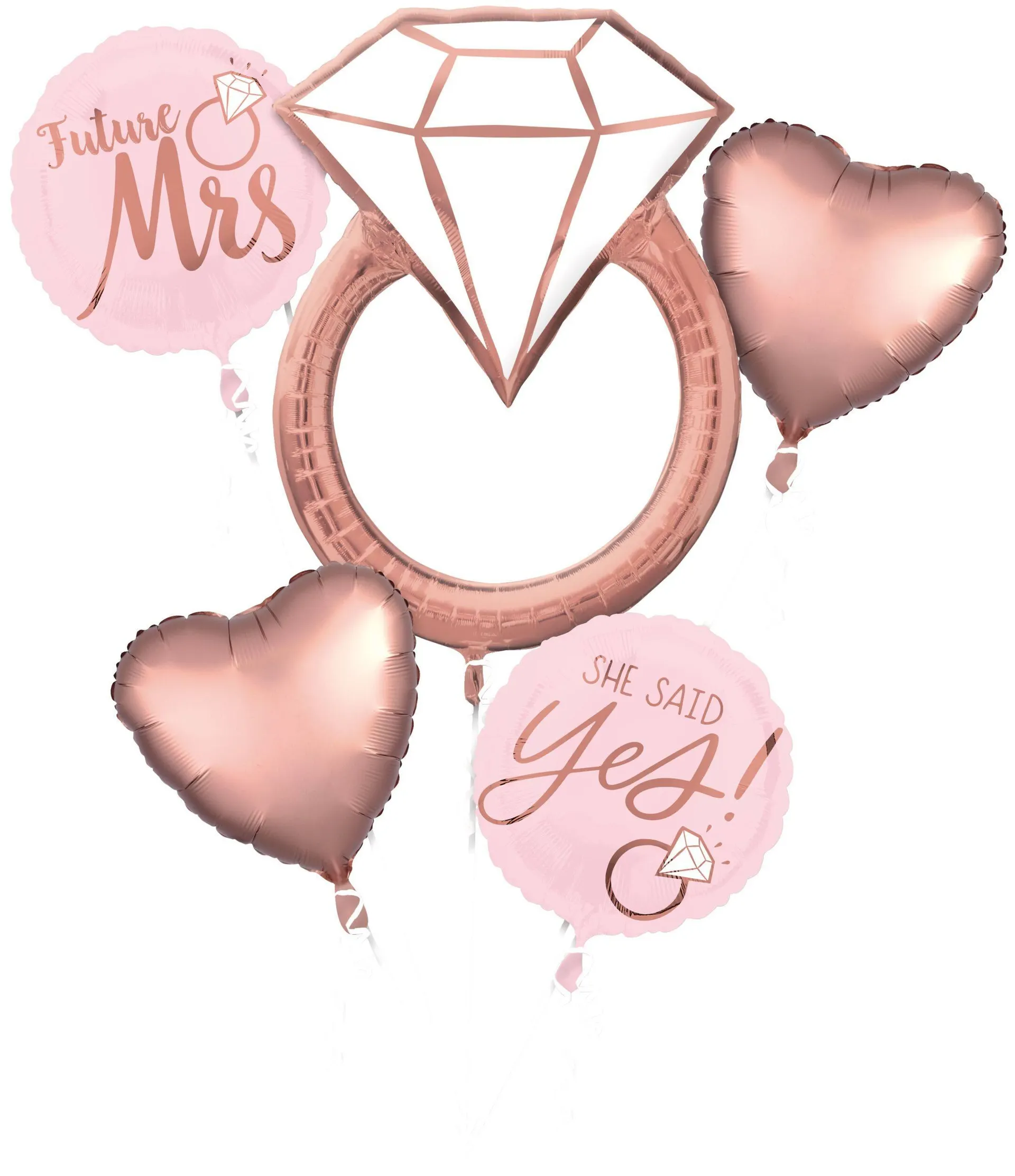 "Future Mrs" Diamond Ring/Heart Satin Foil Balloon Bouquet, Rose Gold/Pink, 5-pk, Helium Inflation & Ribbon Included for Engagement/Bridal Shower