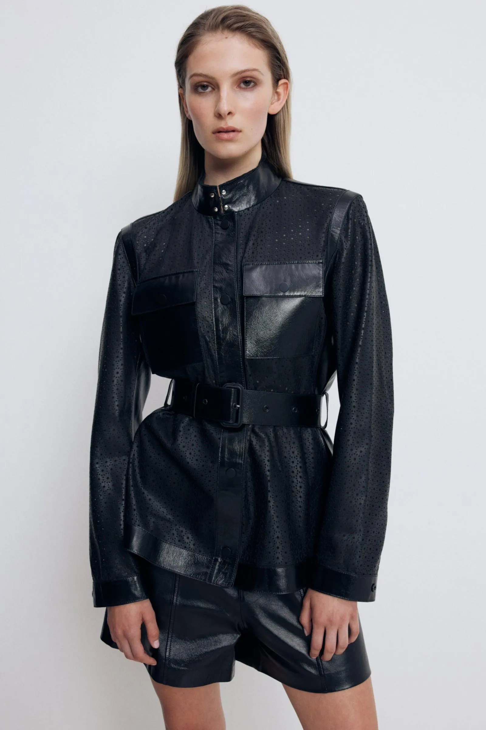 NAEVA Perforated Leather Peplum Jacket