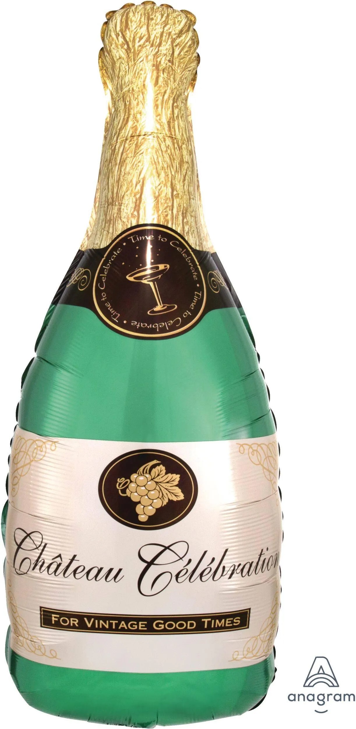 "For Vintage Good Times" Champagne BottleSatin Foil Balloon, Green/Gold. 36-in, Helium Inflation & Ribbon Included for New Year's Eve/Anniversary
