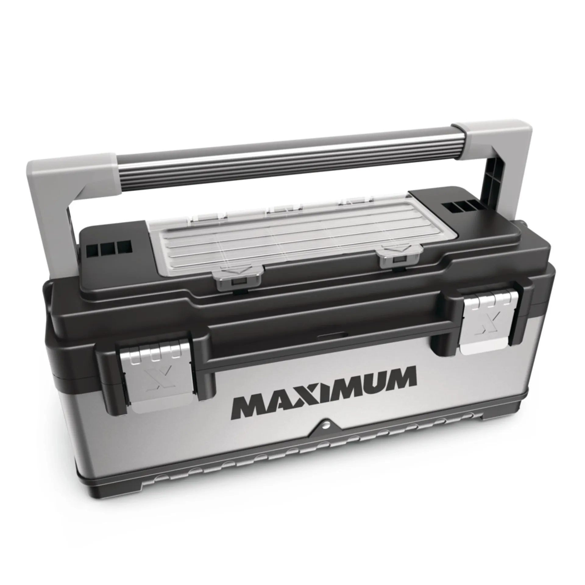 MAXIMUM Portable Plastic & Metal Tool Box w/ Removable Tray & Organizer, Black, 20-in