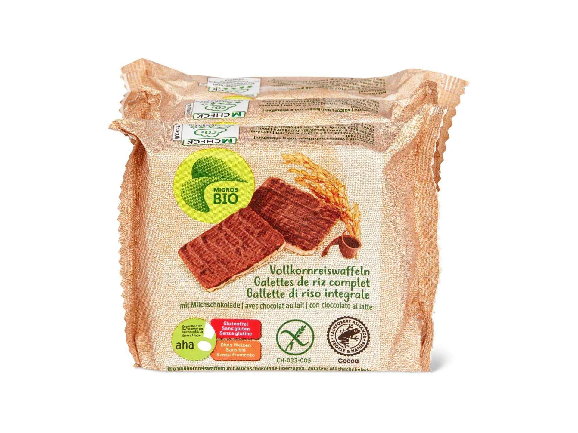 Migros Bio aha! · Vollkornreiswaffeln mit Milchschokolade überzogen · Glutenfrei