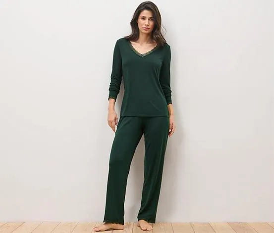 Pyjama mit Spitzenbesatz, dunkelgrün