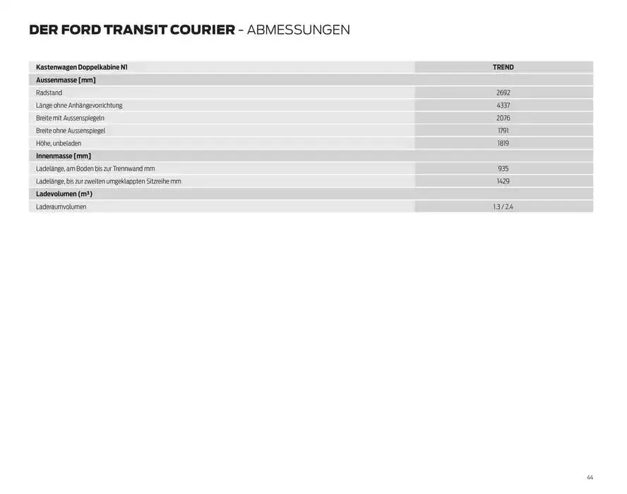 FORD TRANSIT COURIER Technische Daten Preisliste von 12. November bis 12. November 2025 - Prospekt seite 44