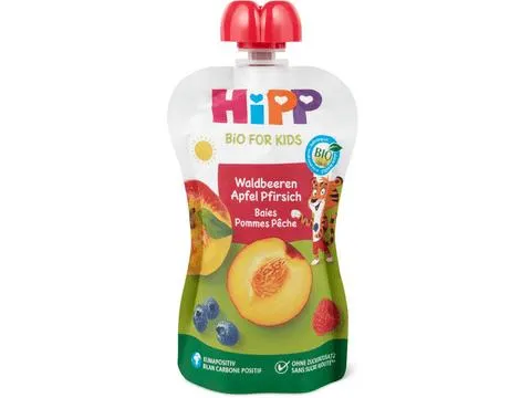 HiPP Bio · Quetschbeutel für Babys Waldbeeren, Apfel, Pfirsich · Ab 12 Monaten
