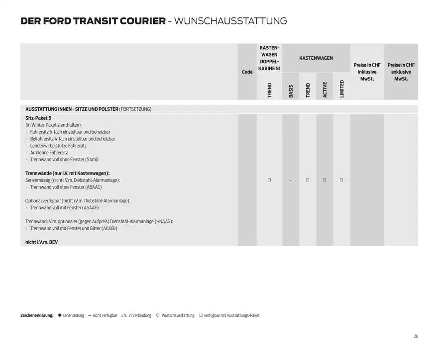 FORD TRANSIT COURIER Technische Daten Preisliste von 12. November bis 12. November 2025 - Prospekt seite  26