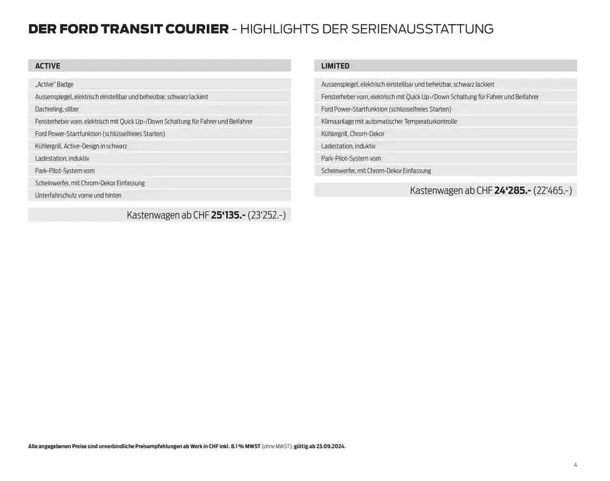 FORD TRANSIT COURIER Technische Daten Preisliste von 12. November bis 12. November 2025 - Prospekt seite  4