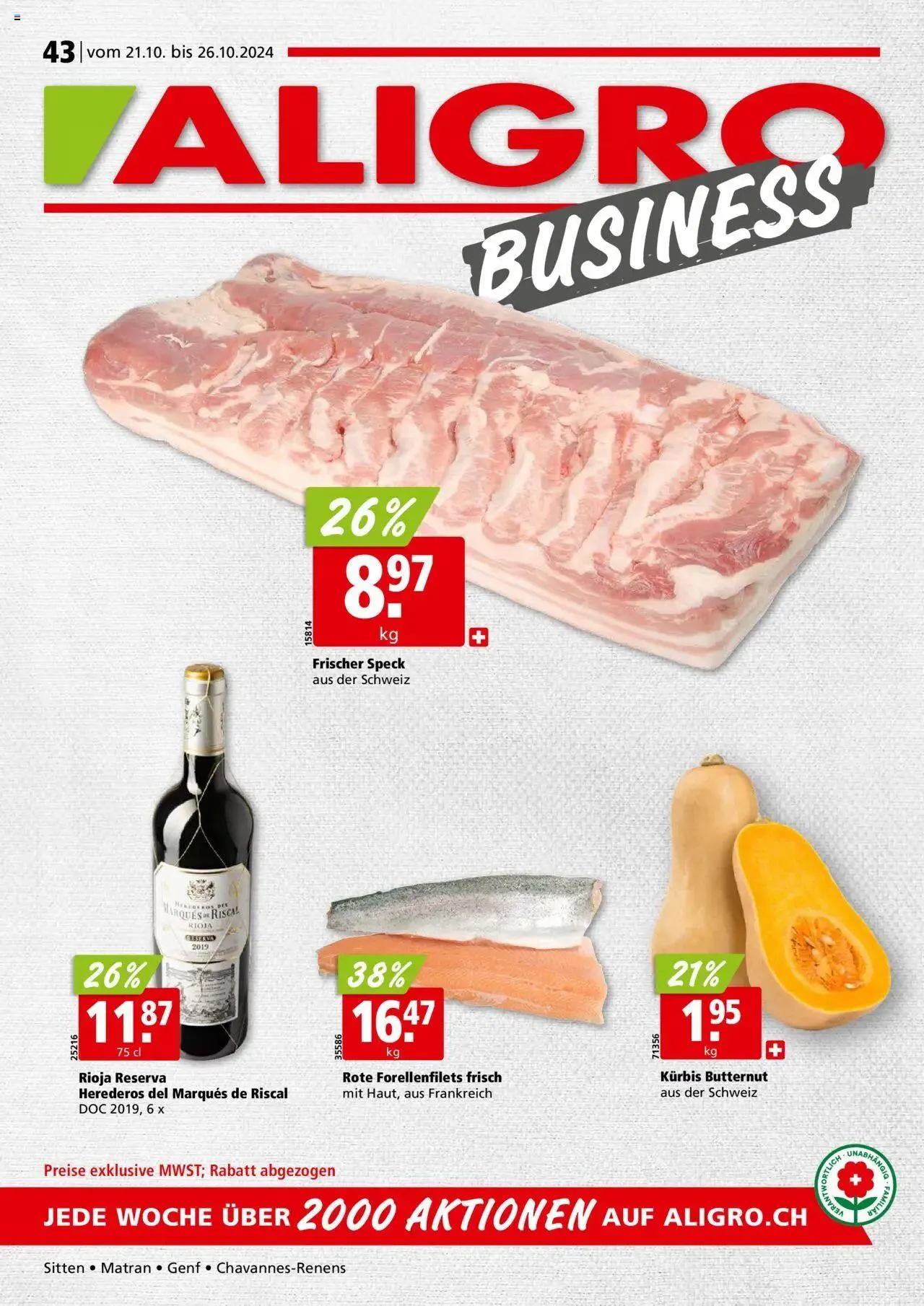 Aligro Aktionen für Businesskunden - Chavannes, Matran, Genf, Sitten von 21. Oktober bis 26. Oktober 2024 - Prospekt seite  1